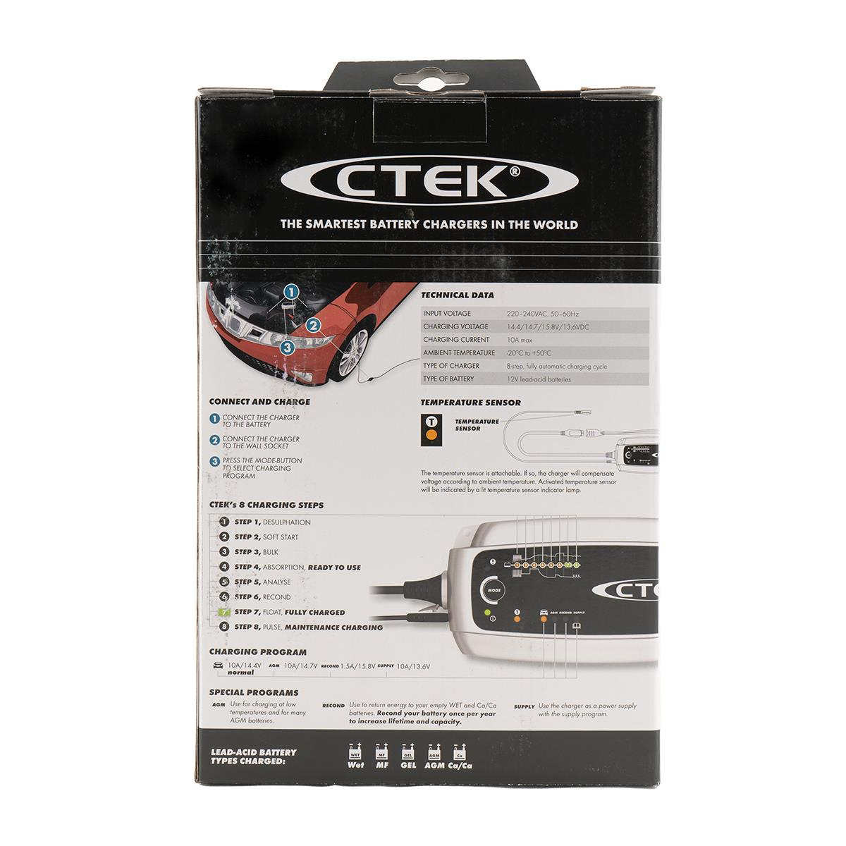 CTEK Batterie-Ladegerät-Verpackung mit technischen Daten, Ladeschritte und Batterie-Typen.