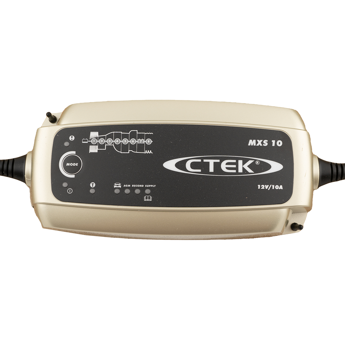 Ein goldener CTEK MXS 10 Batterieladegerät mit schwarzen Akzenten und Ladeanzeigen.