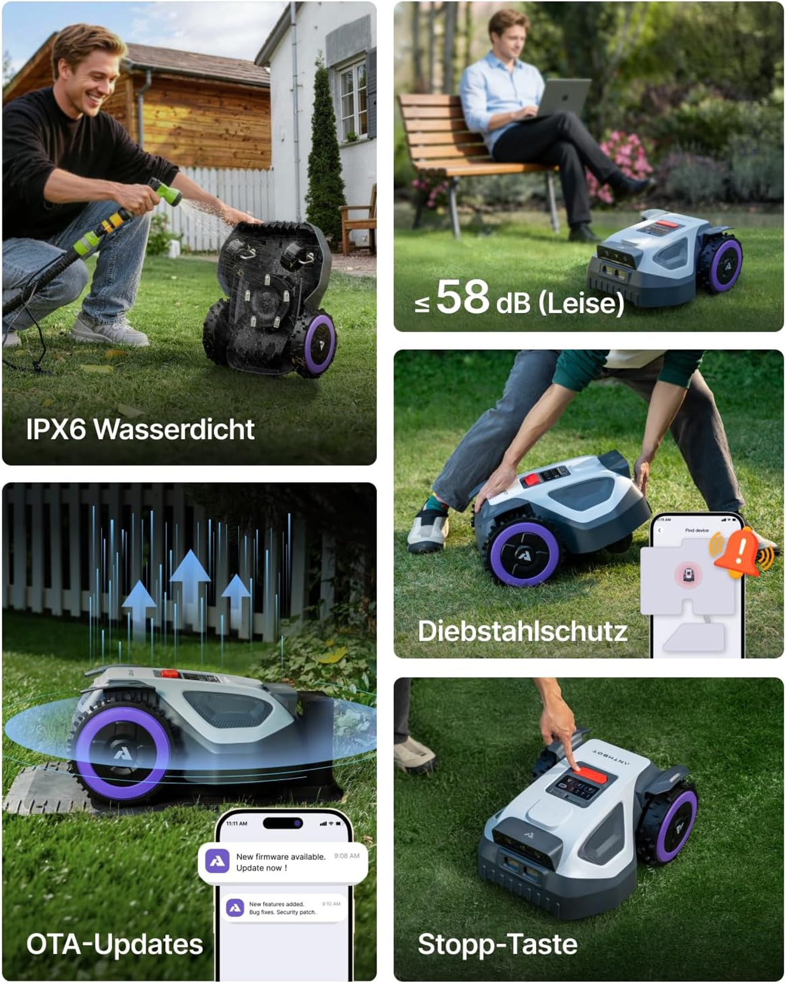 Ein Mann reinigt einen Mähroboter mit einem Schlauch. IPX6 Wasserdicht.