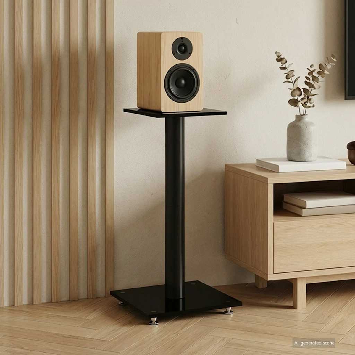 Ein Lautsprecher steht auf einem schwarzen Ständer vor einer Wand mit Holzverkleidung.