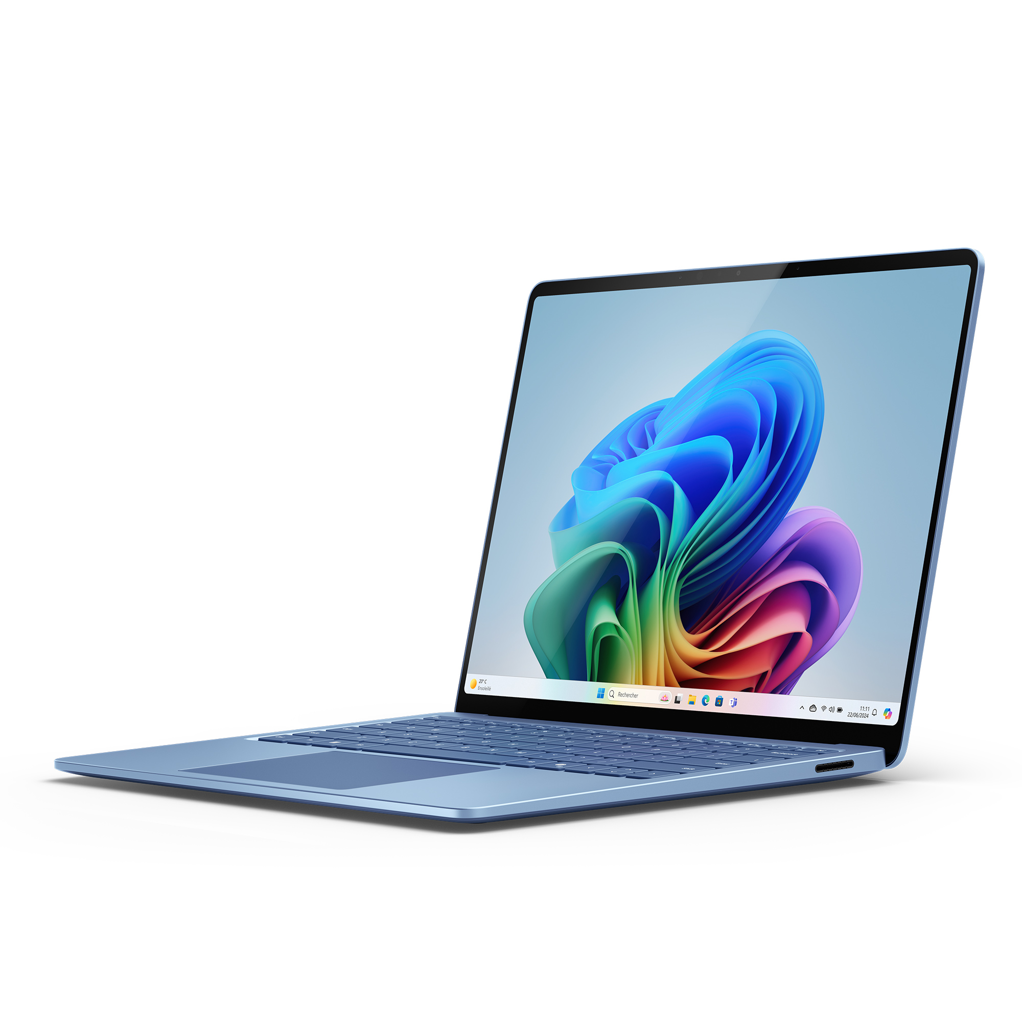 Niebieski laptop z kolorową abstrakcyjną tapetą na ekranie.