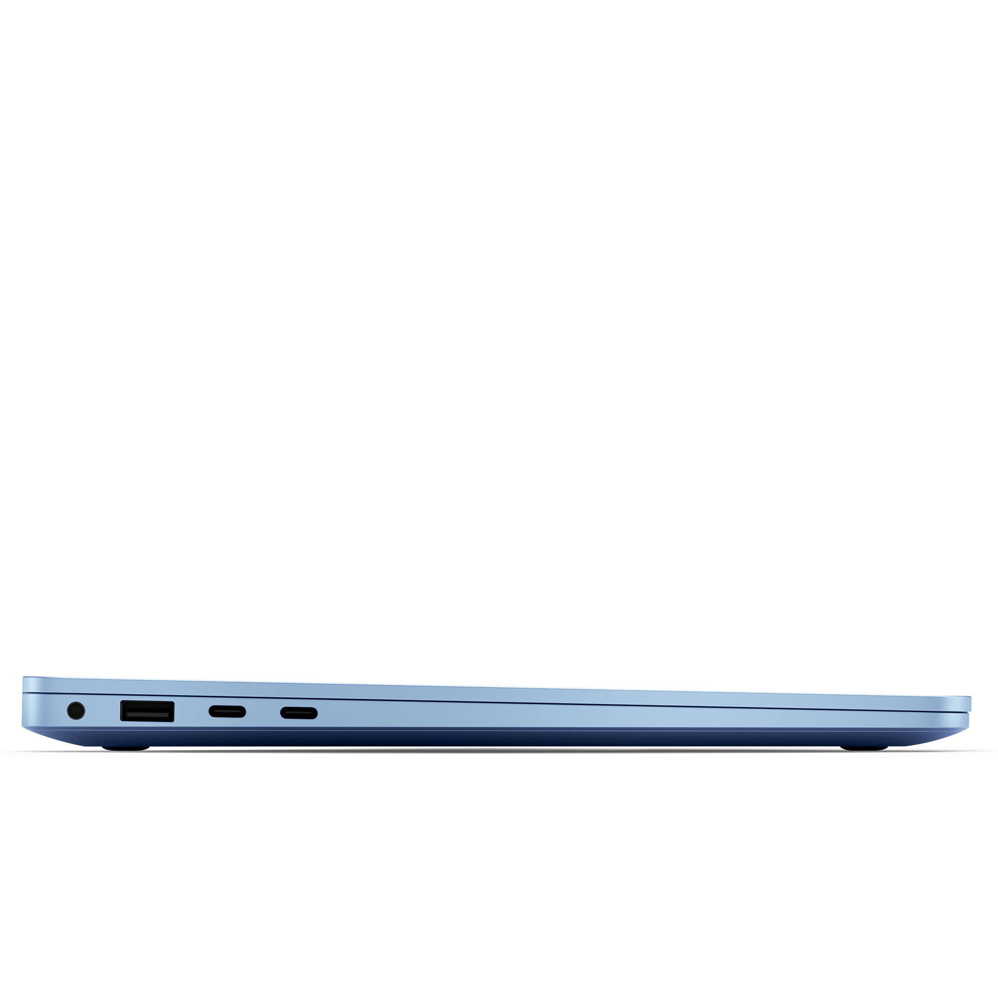 Niebieski laptop z portami: gniazdo słuchawkowe, USB-A, dwa USB-C.