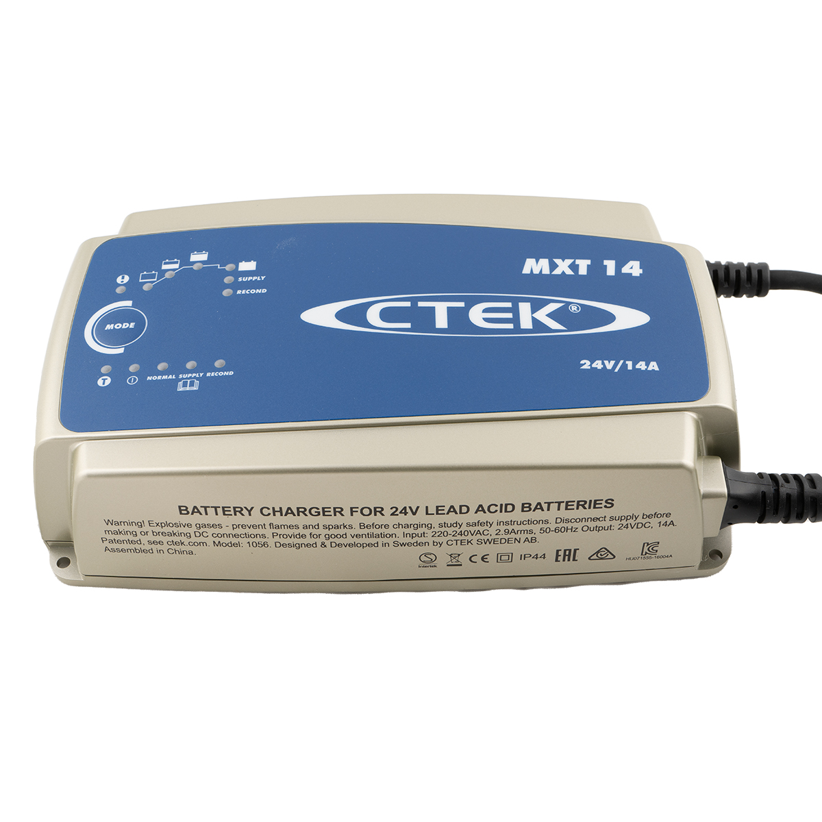 Ein CTEK MXT 14 Ladegerät für 24V Blei-Säure-Batterien, beige und blau.