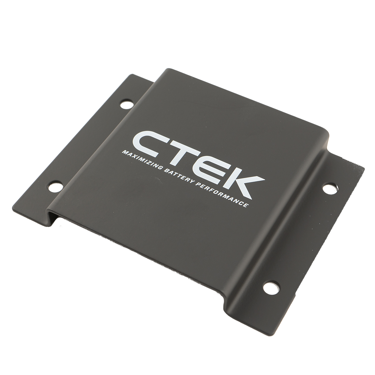Schwarzer CTEK-Halter mit Schraubenlöchern und weißem Logo.