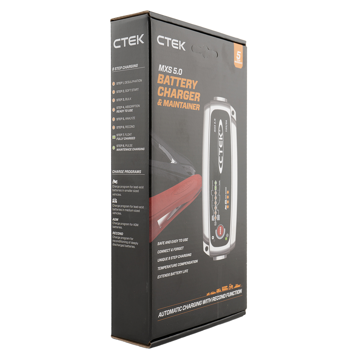 Verpackung eines CTEK MXS 5.0 Batterieladegeräts mit detaillierten Schritten und Programmen.
