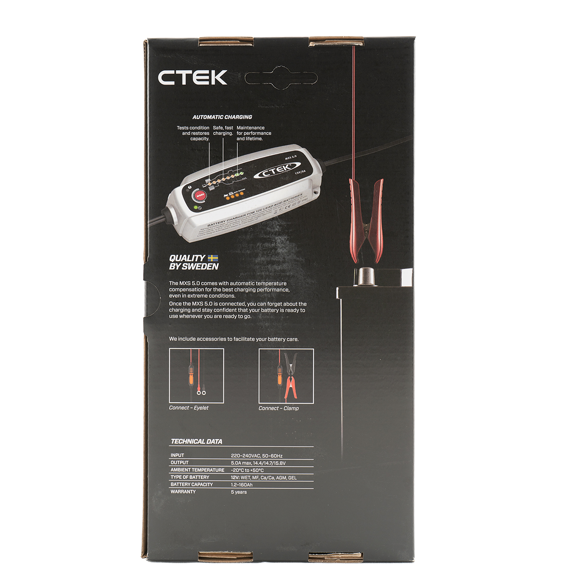 CTEK MXS 5.0 Batterie-Ladegerät-Verpackung mit technischen Daten und Zubehörbildern.