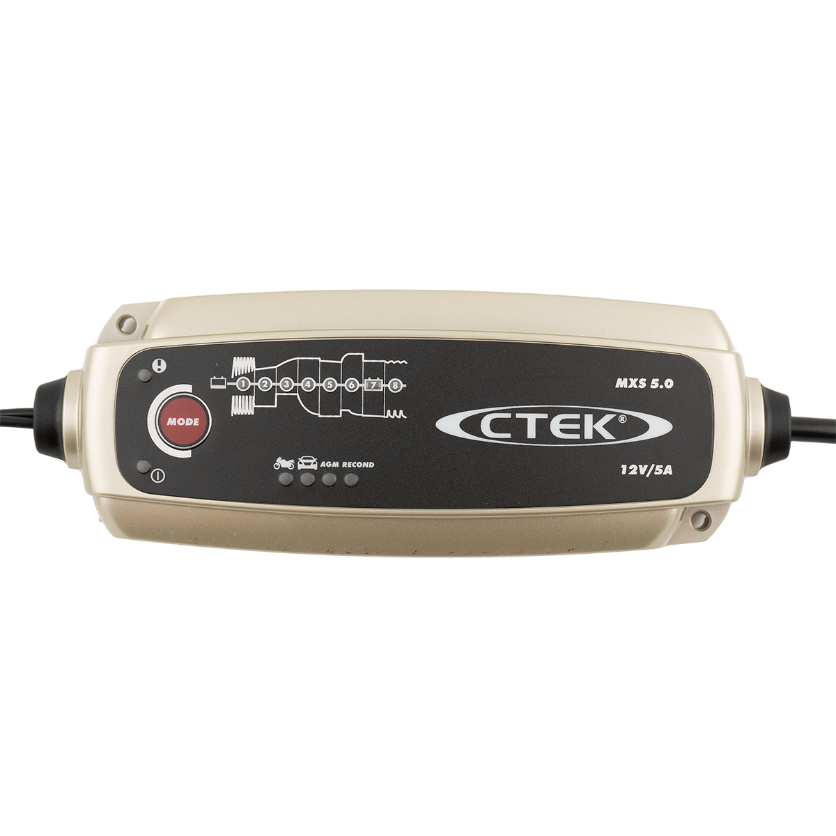 Ein goldener CTEK MXS 5.0 Batterieladegerät mit Ladephasen-Diagramm.