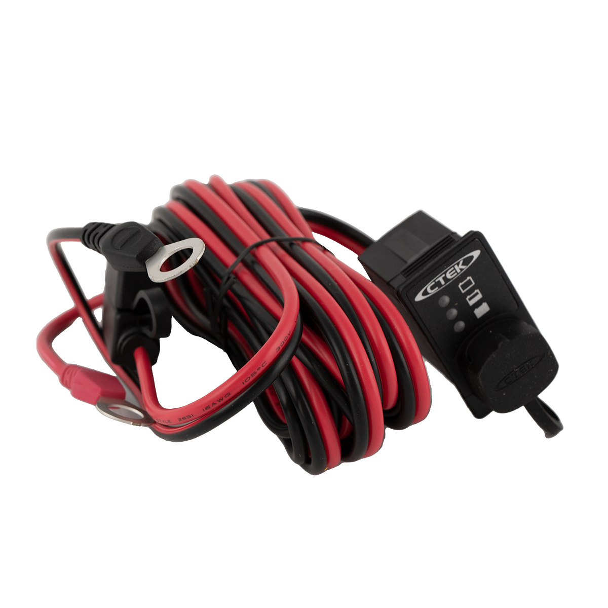 Ein aufgewickeltes schwarzes und rotes CTEK-Batterieladekabel mit Ringklemme und Kontrollleuchten.
