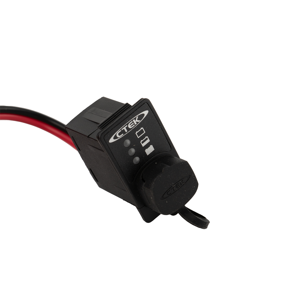 Schwarzer CTEK-Batterieindikator mit roten und schwarzen Kabeln. Zeigt drei Anzeigelichter.