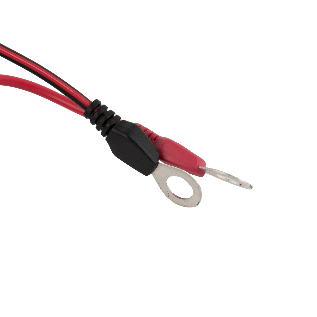 Rote und schwarze Kabel mit Ringkabelschuh und rotem Stecker.
