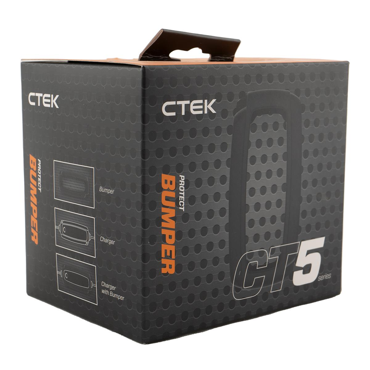 Verpackung des CTEK CT5 Chargers mit Bumper, mit Bildern von Zubehör.