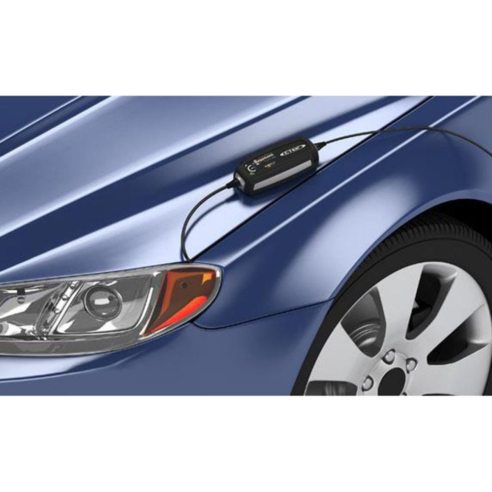 Ein schwarzes Ladegerät ist an der Motorhaube eines blauen Autos befestigt.