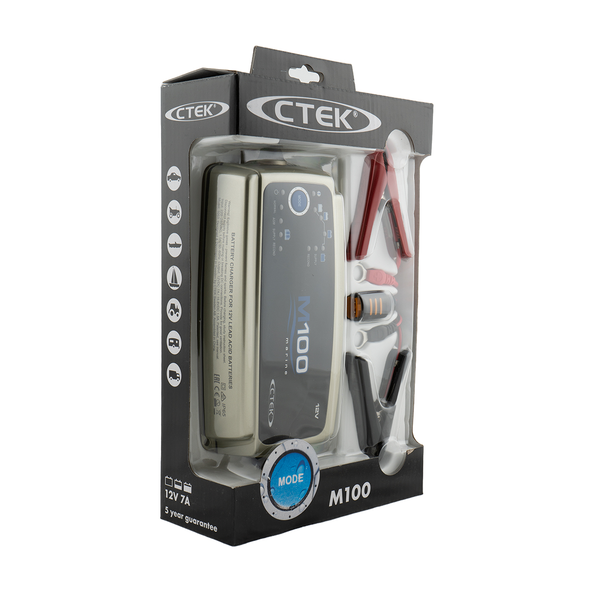 Ein CTEK M100 12V 7A Batterieladegerät in Verpackung mit Klemmen und Kabeln.