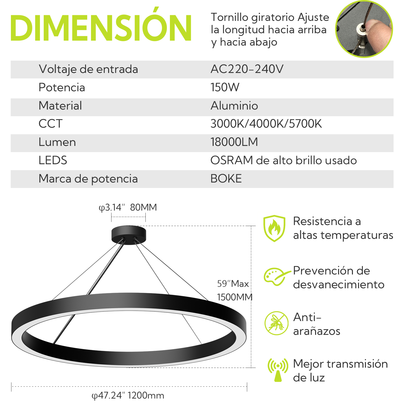 Lámpara de araña de anillo negro con detalles técnicos e iconos.