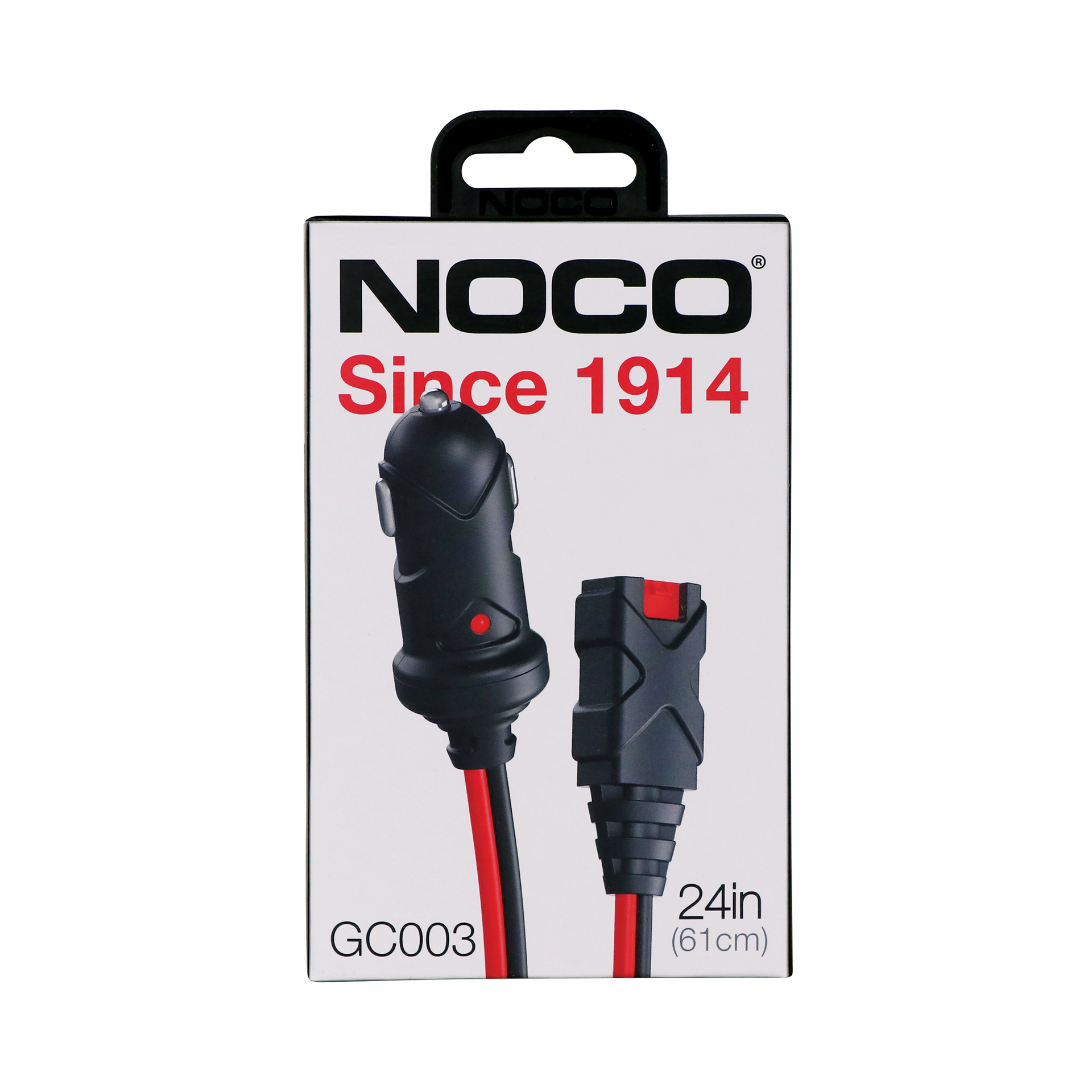 NOCO-Verpackung mit schwarzem 12V-Autoadapter und Stecker, 24 Zoll lang.