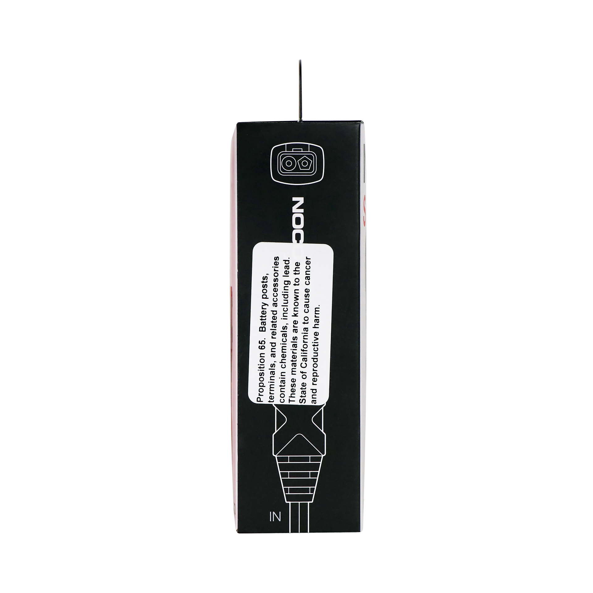 Schwarze Box mit weißer Schrift und einem Stecker-Symbol. Enthält Warnhinweis.