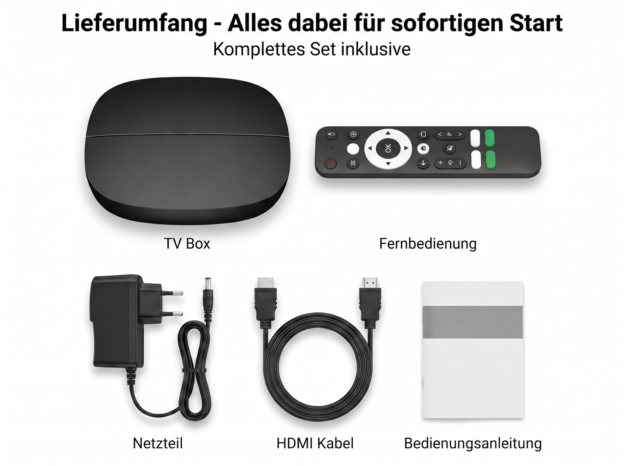 Ein schwarzer TV-Box, Fernbedienung, Netzteil, HDMI-Kabel und Anleitung.