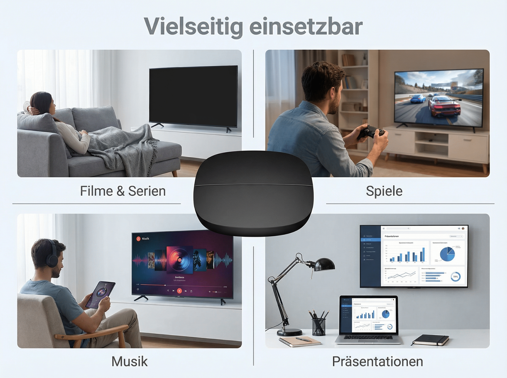 Vier Szenen: Filme, Spiele, Musik, Präsentationen, mit einem zentralen schwarzen Gerät.
