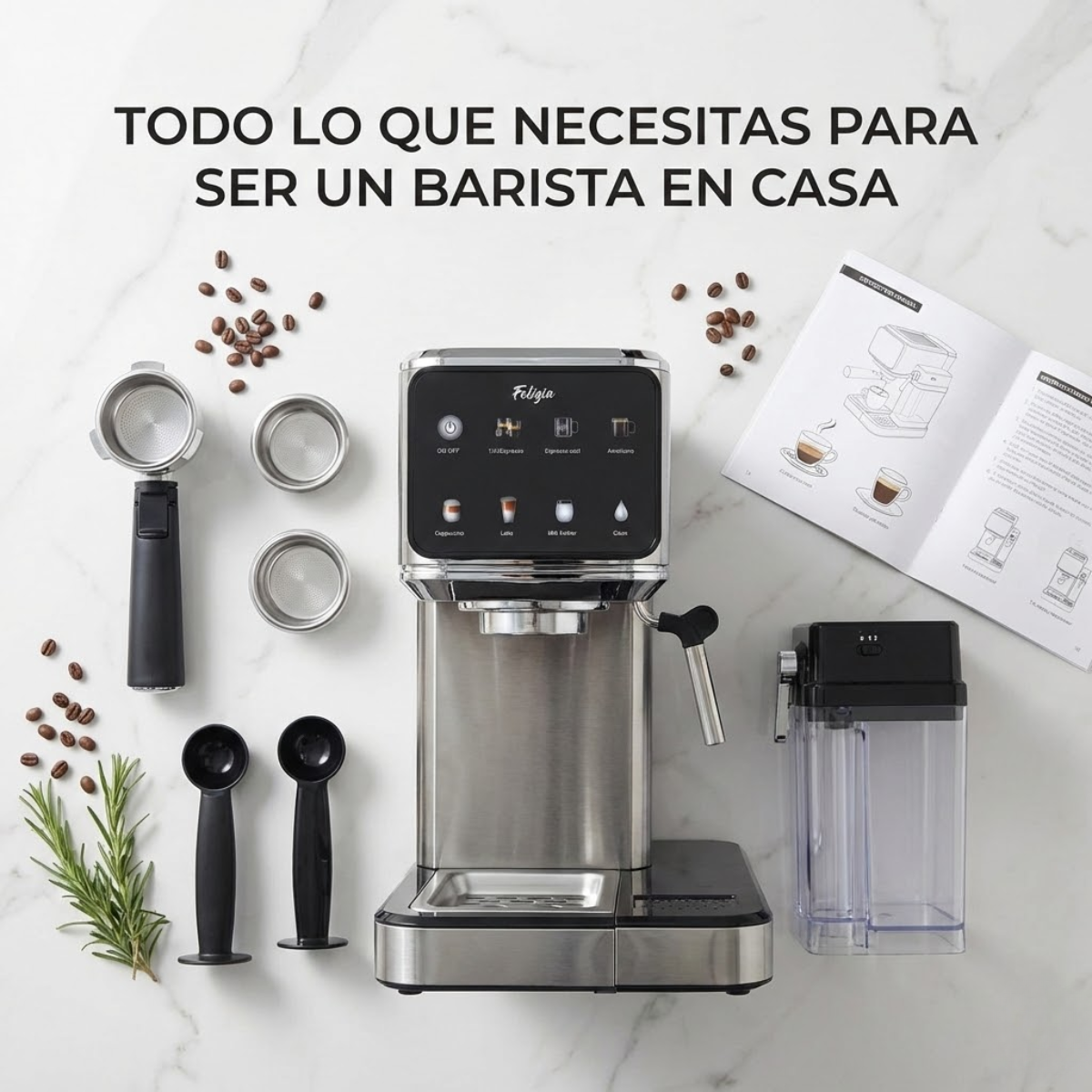Máquina de espresso con accesorios y manual en suelo de mármol.