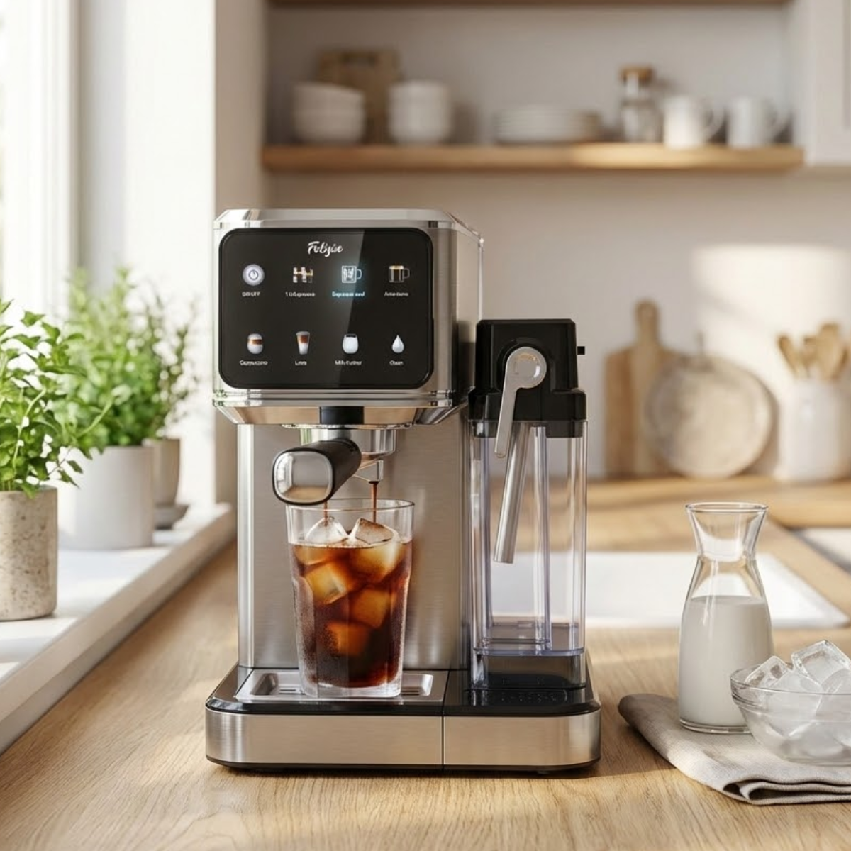Una máquina de espresso prepara café helado en un vaso con cubitos de hielo.