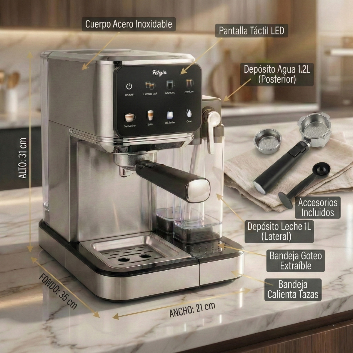 Máquina de espresso de acero inoxidable con pantalla táctil LED y opciones.