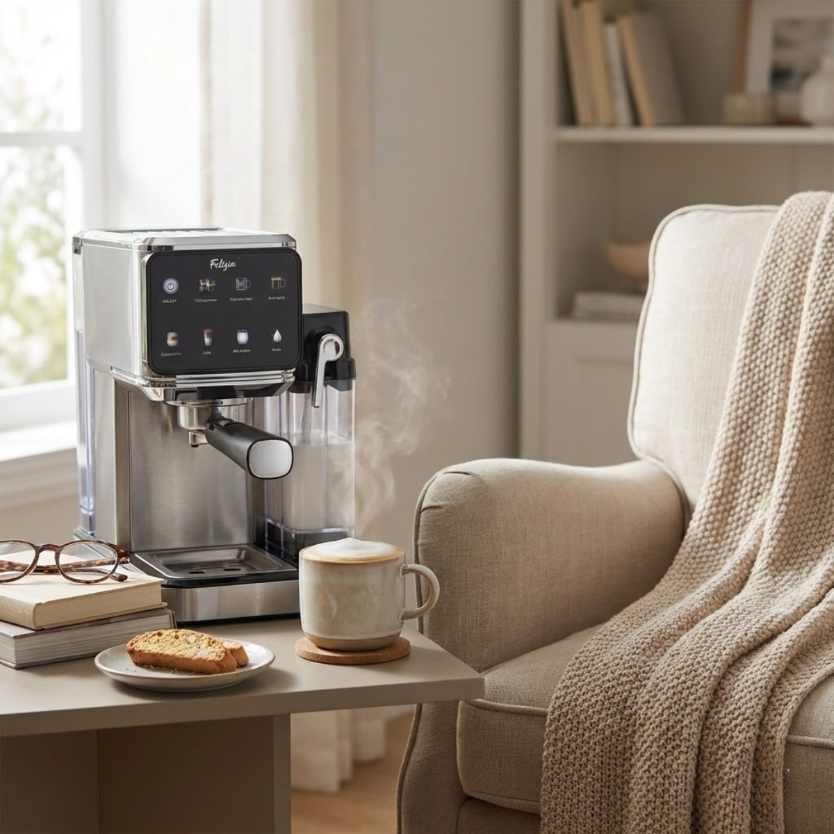 Máquina de espresso preparando café con vapor, al lado una taza y un biscote.