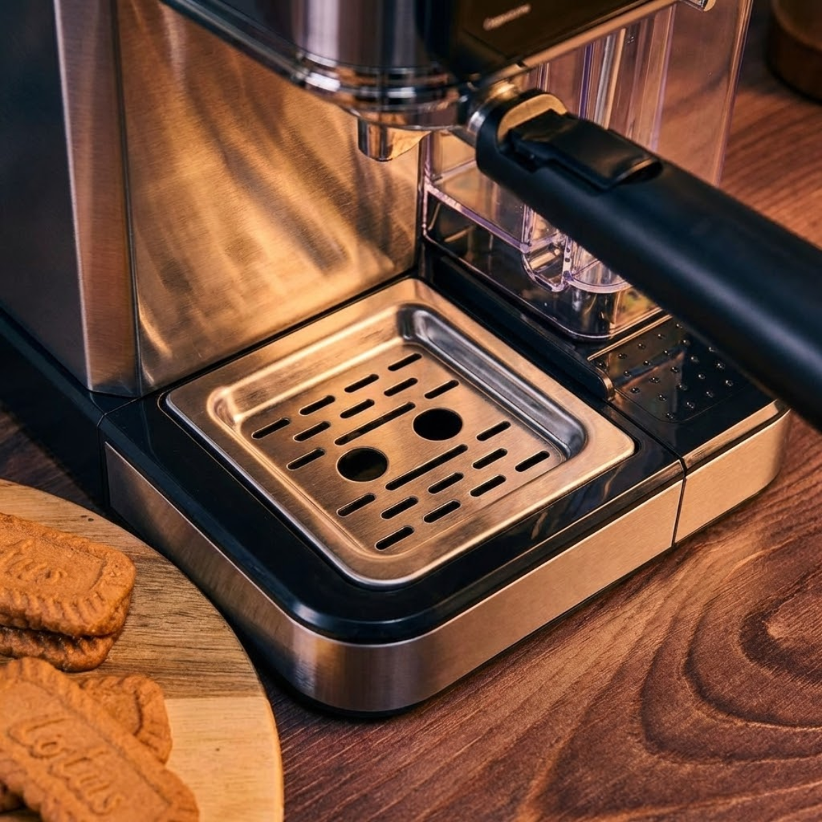 Máquina de café de acero inoxidable con bandeja de goteo y galletas en mesa de madera.