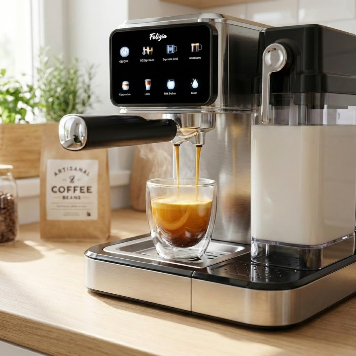 Una cafetera prepara espresso en un vaso, junto a una jarra de leche y granos de café.