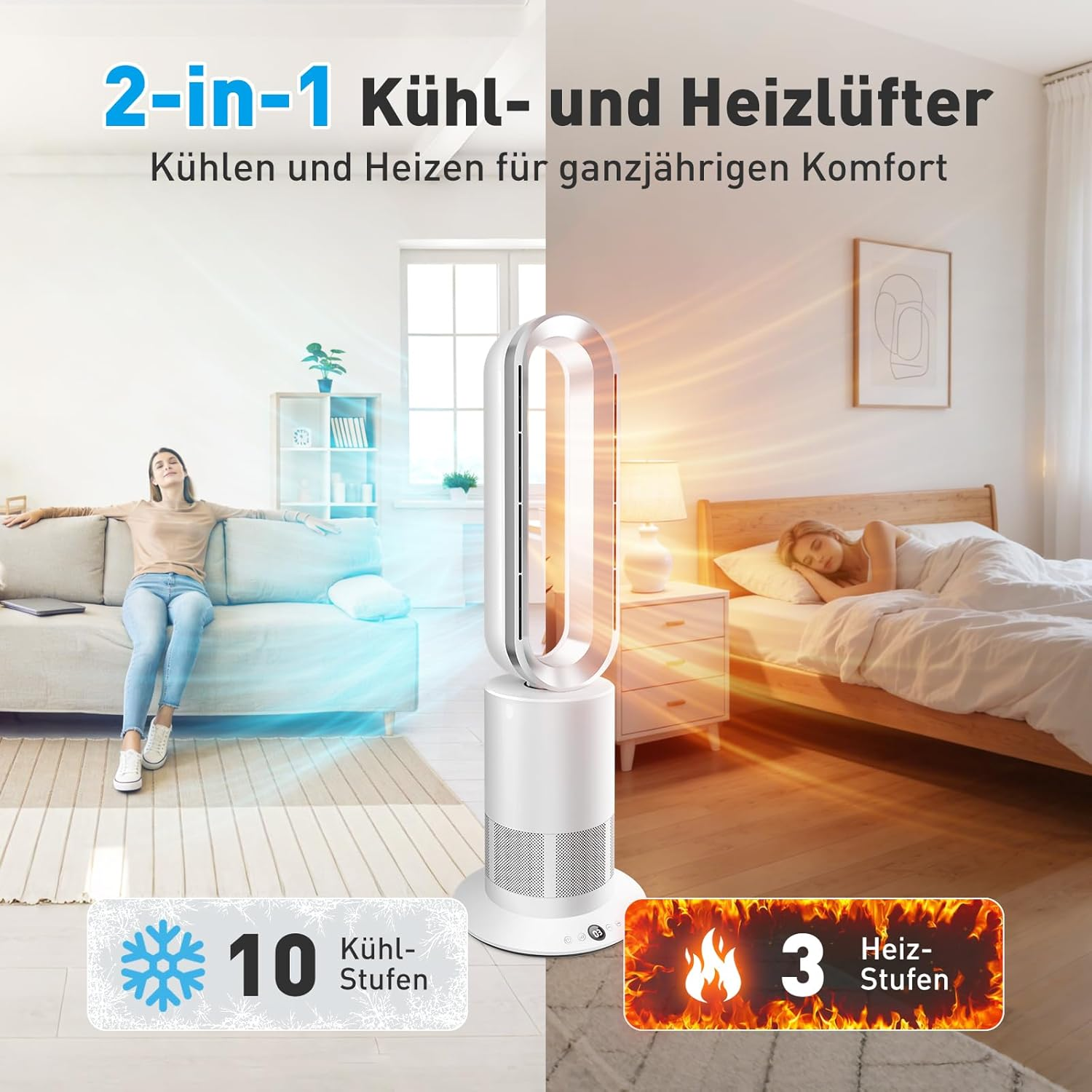 Ein 2-in-1 Kühl- und Heizlüfter in einem Wohnzimmer und Schlafzimmer.