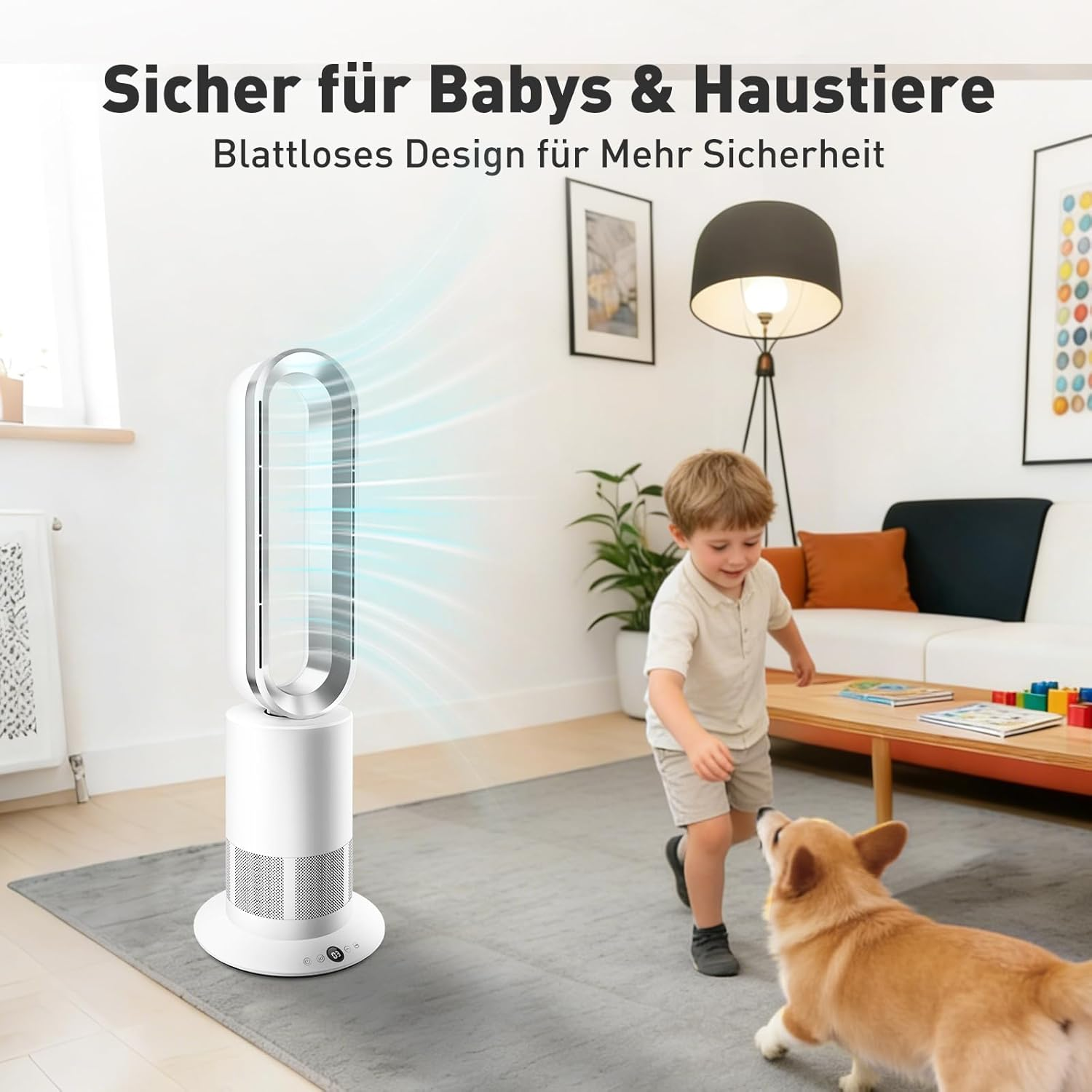 Ein Junge und ein Corgi spielen in der Nähe eines blattlosen Ventilators.