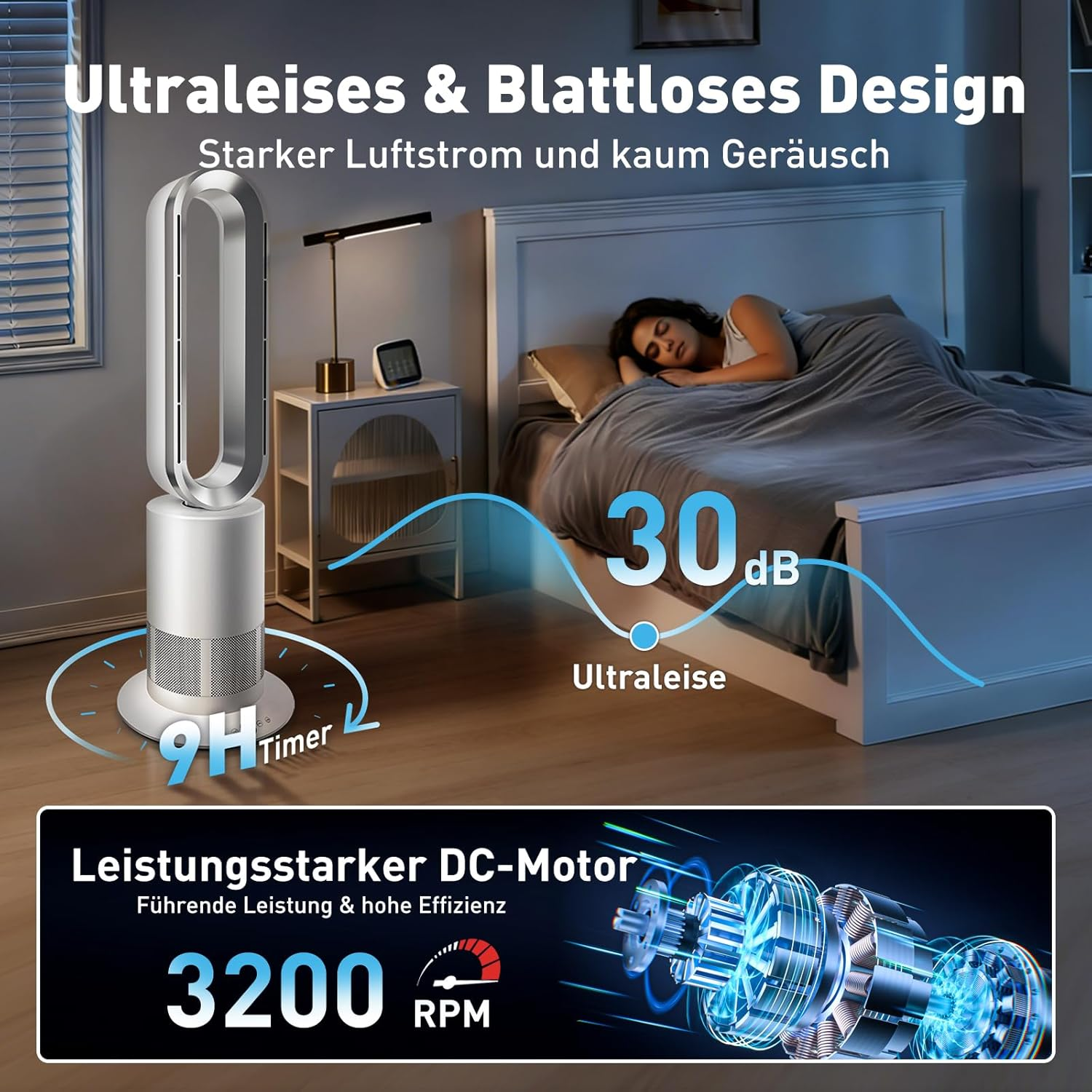 Ein schlanker, silberner Turmventilator neben einem Bett, auf dem eine Frau schläft. 30dB Geräuschpegel.