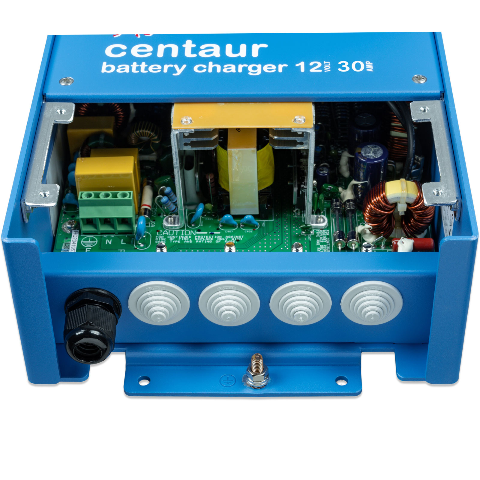 Blauer Batterieladegerät-Innenraum mit Leiterplatten, Transformatoren und Kabeln.