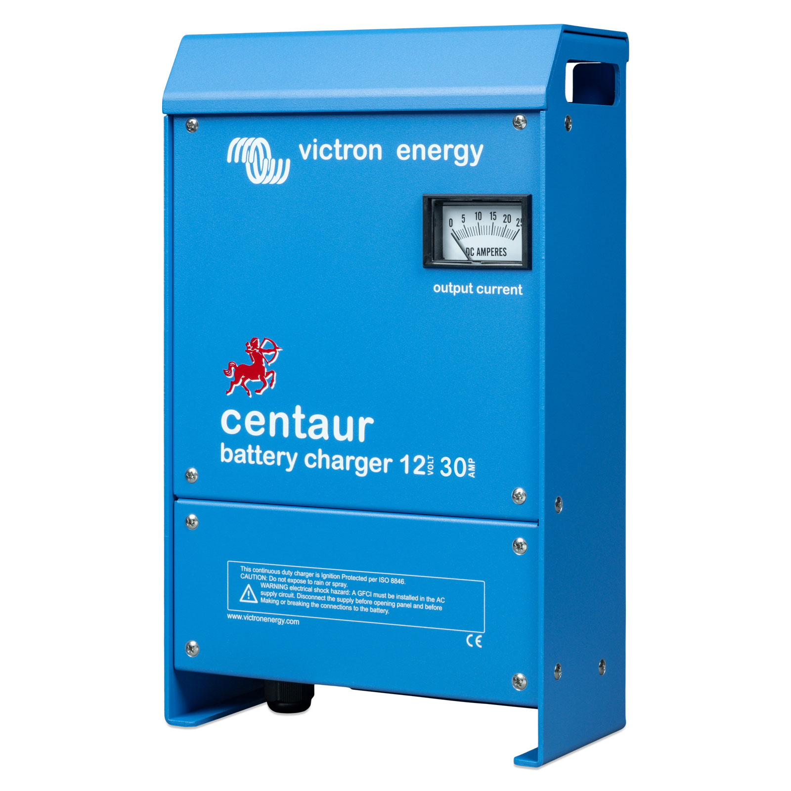 Blaues Victron Energy Centaur Ladegerät mit analogem DC-Amperemeter für den Ausgangsstrom.