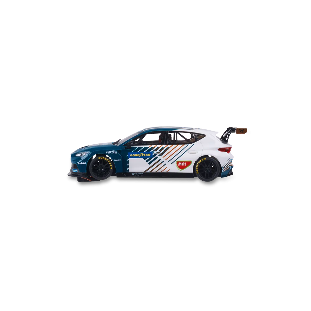 Un coche de carreras blanco y azul con logos de Goodyear y MOL.