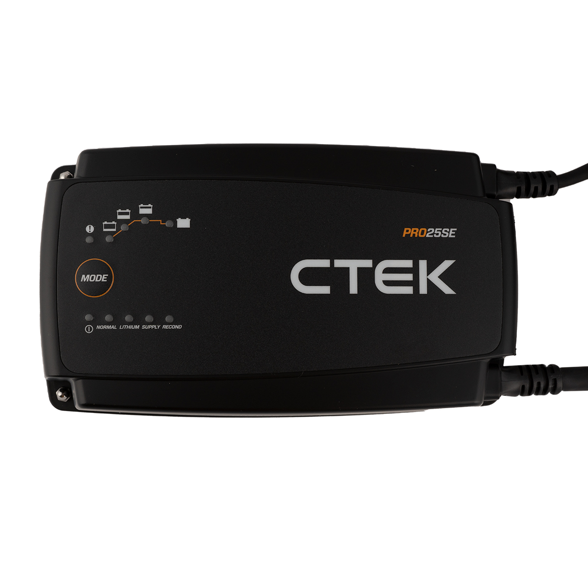 Schwarzes CTEK Ladegerät mit Anzeigen für Modus, Batteriestatus und Ladezustand.