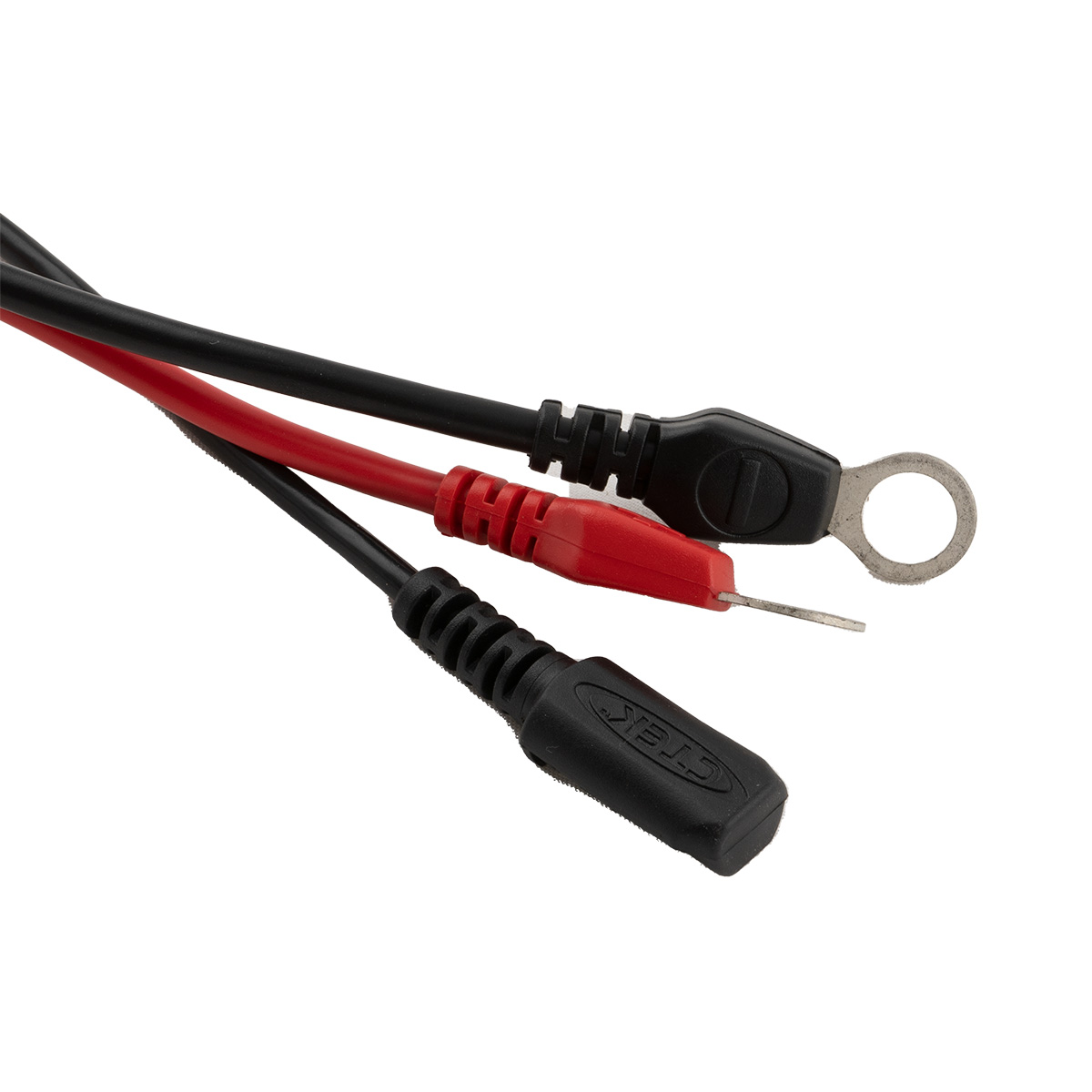 Drei Kabel: schwarz mit Ringklemme, rot mit Spitze, schwarz mit Stecker.
