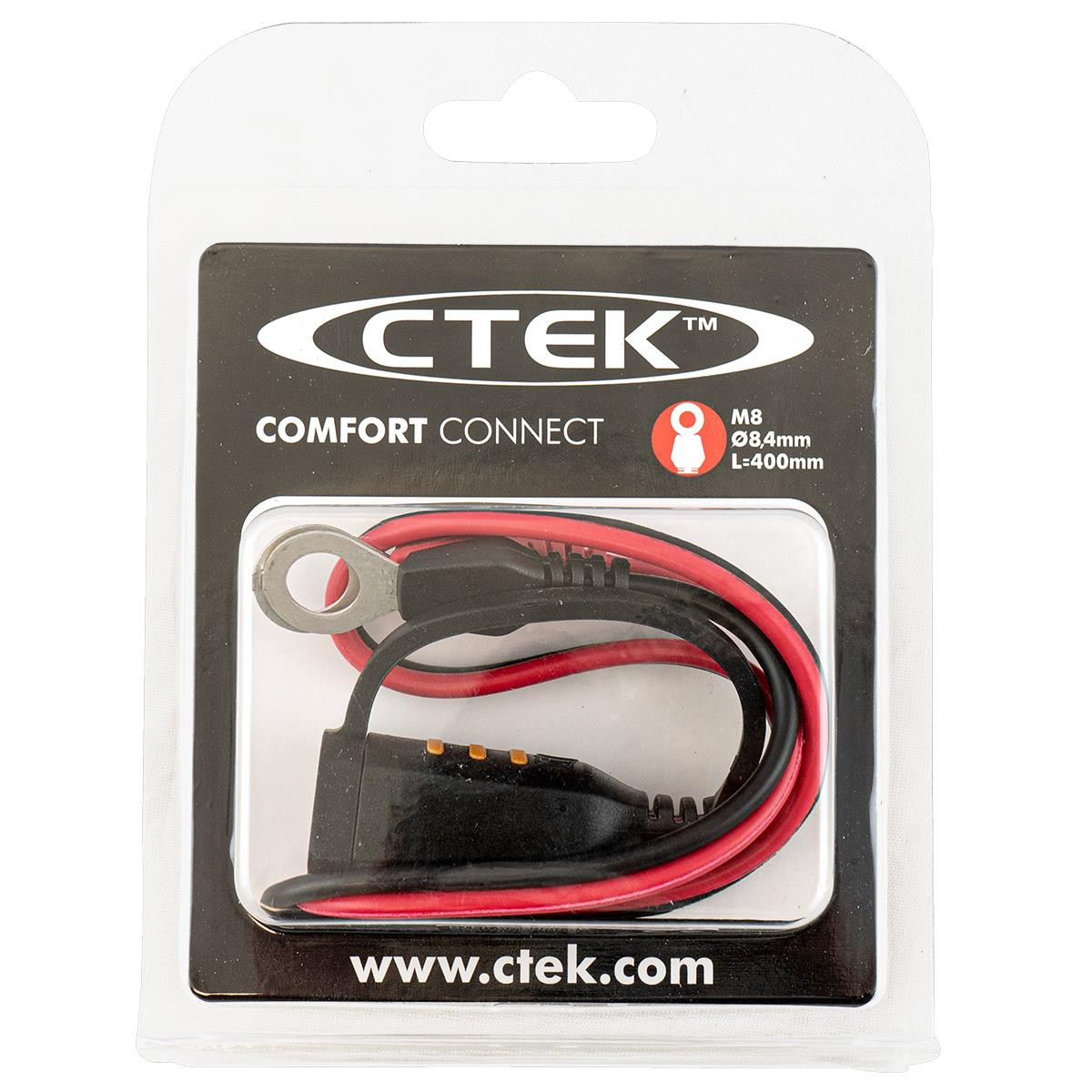 CTEK Comfort Connect Kabel mit Ringkabelschuh und schwarzem Stecker.