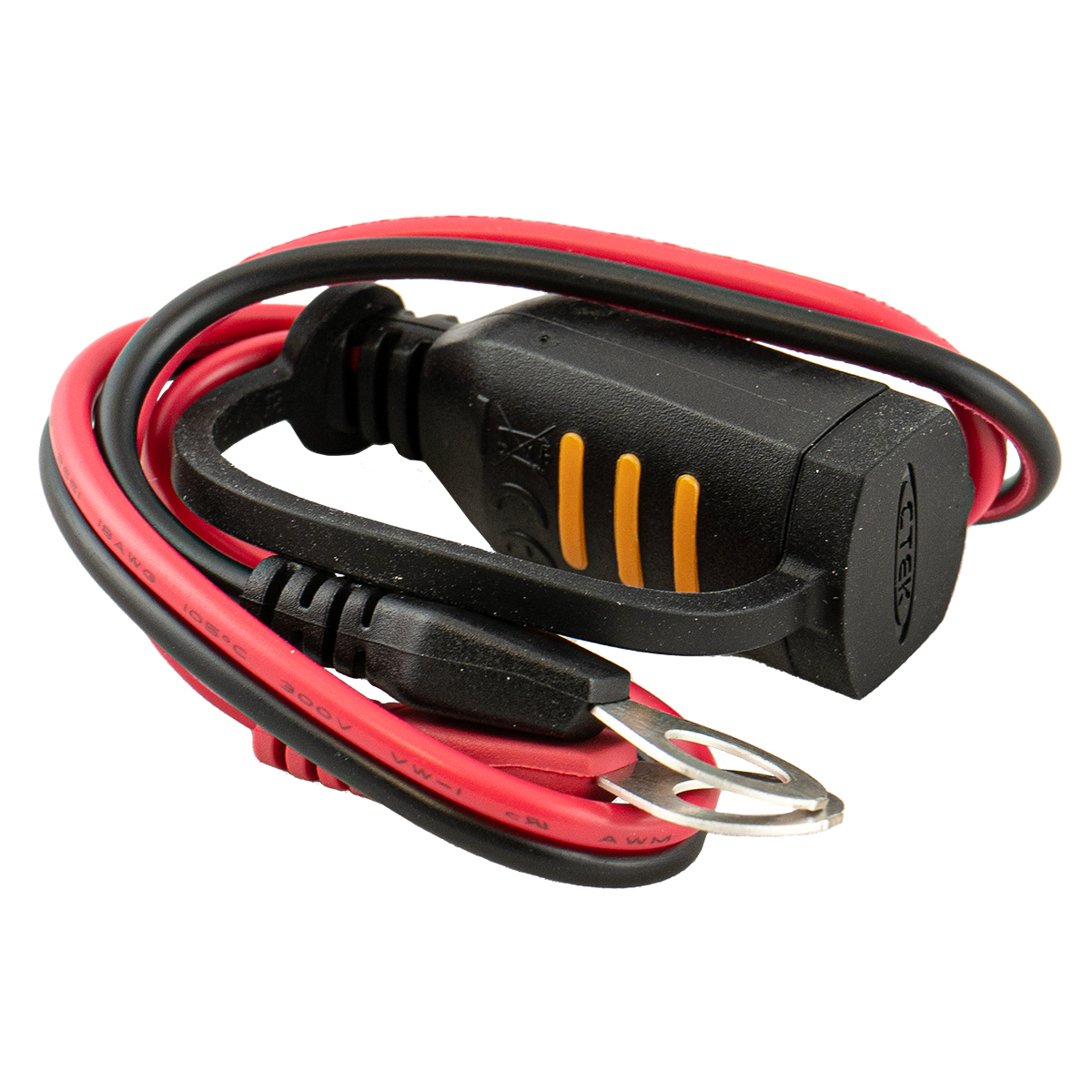 Schwarze und rote Kabel verbinden sich mit einem schwarzen Adapter mit orangefarbenen Akzenten und Ringklemmen.