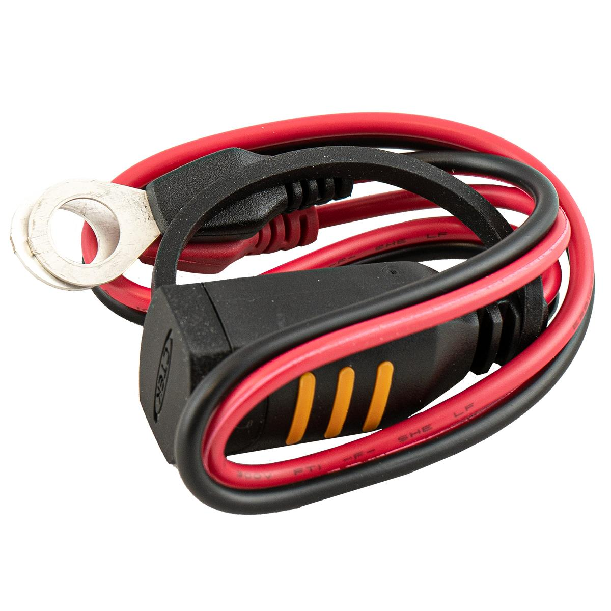 Schwarze und rote Kabel mit schwarzem Stecker und silbernem Ringanschluss.