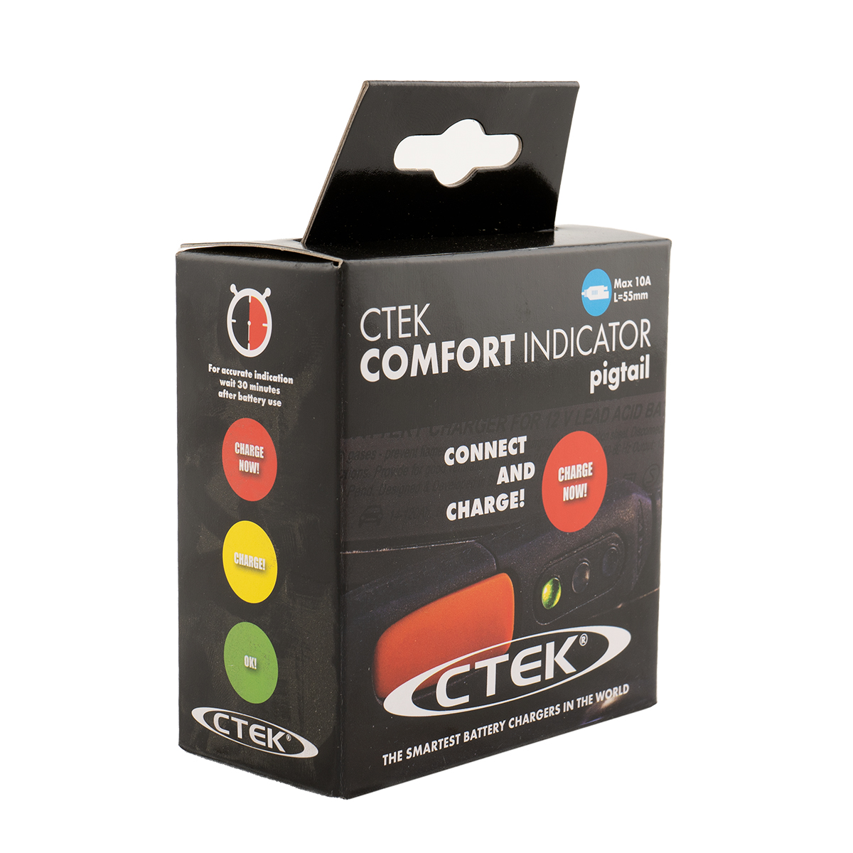 Verpackung für CTEK Comfort Indicator Pigtail mit Ladeanzeigen: Rot, Gelb, Grün.