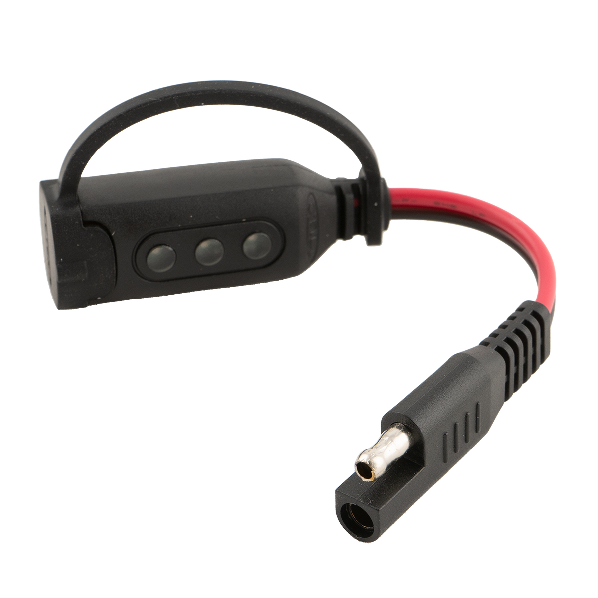 Schwarzer Kabeladapter mit rotem Kabel und drei Knöpfen.