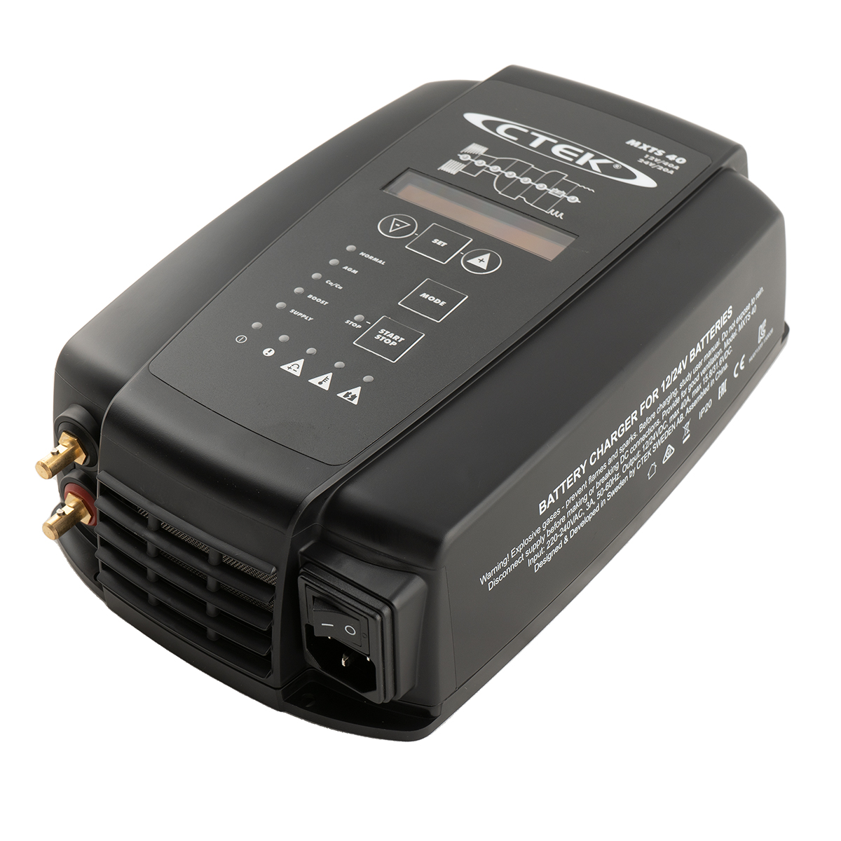 Schwarzes CTEK MXTS 40 Batterieladegerät mit Display, Knöpfen und Anschlüssen.