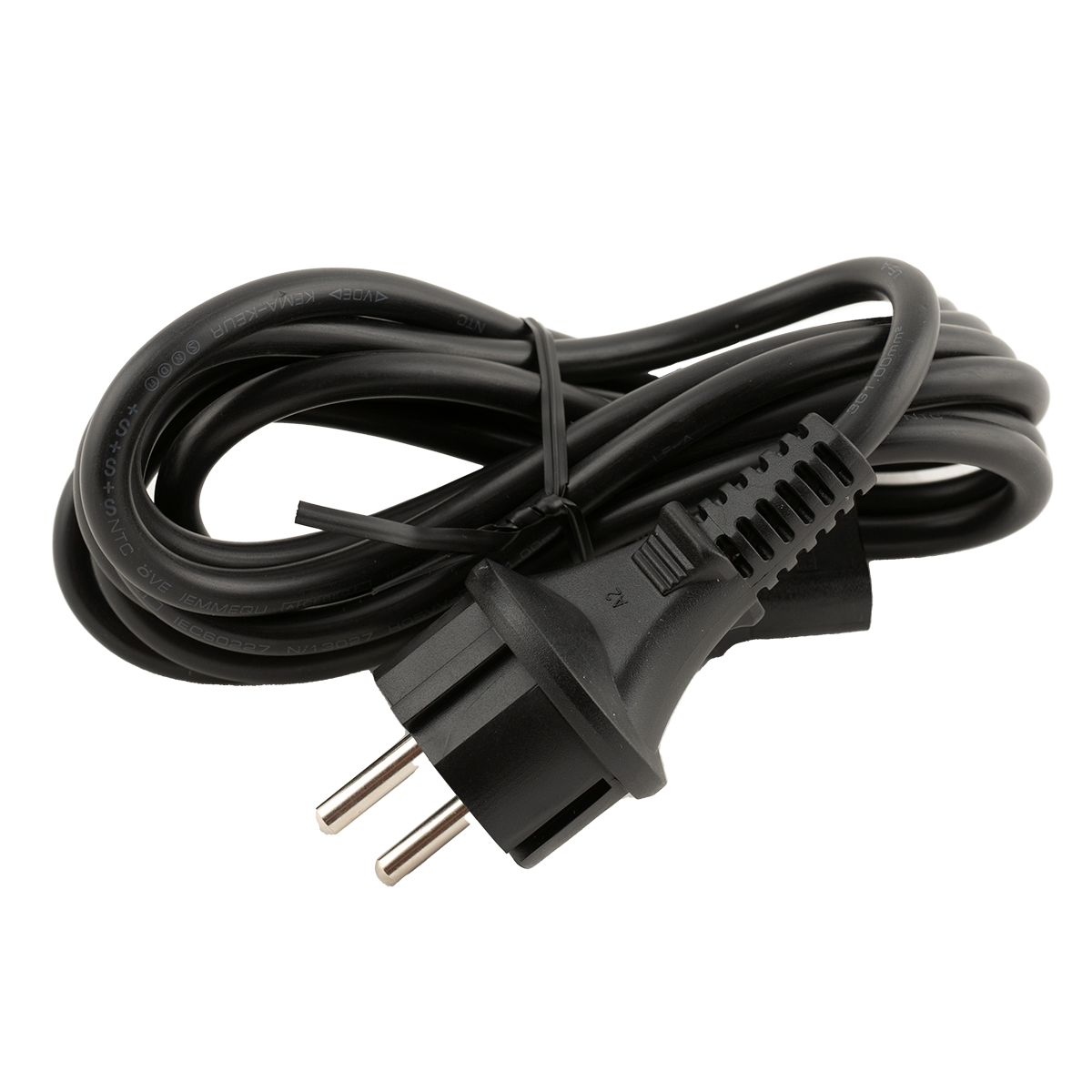 Schwarzes Stromkabel mit zweipoligem Stecker, aufgerollt.