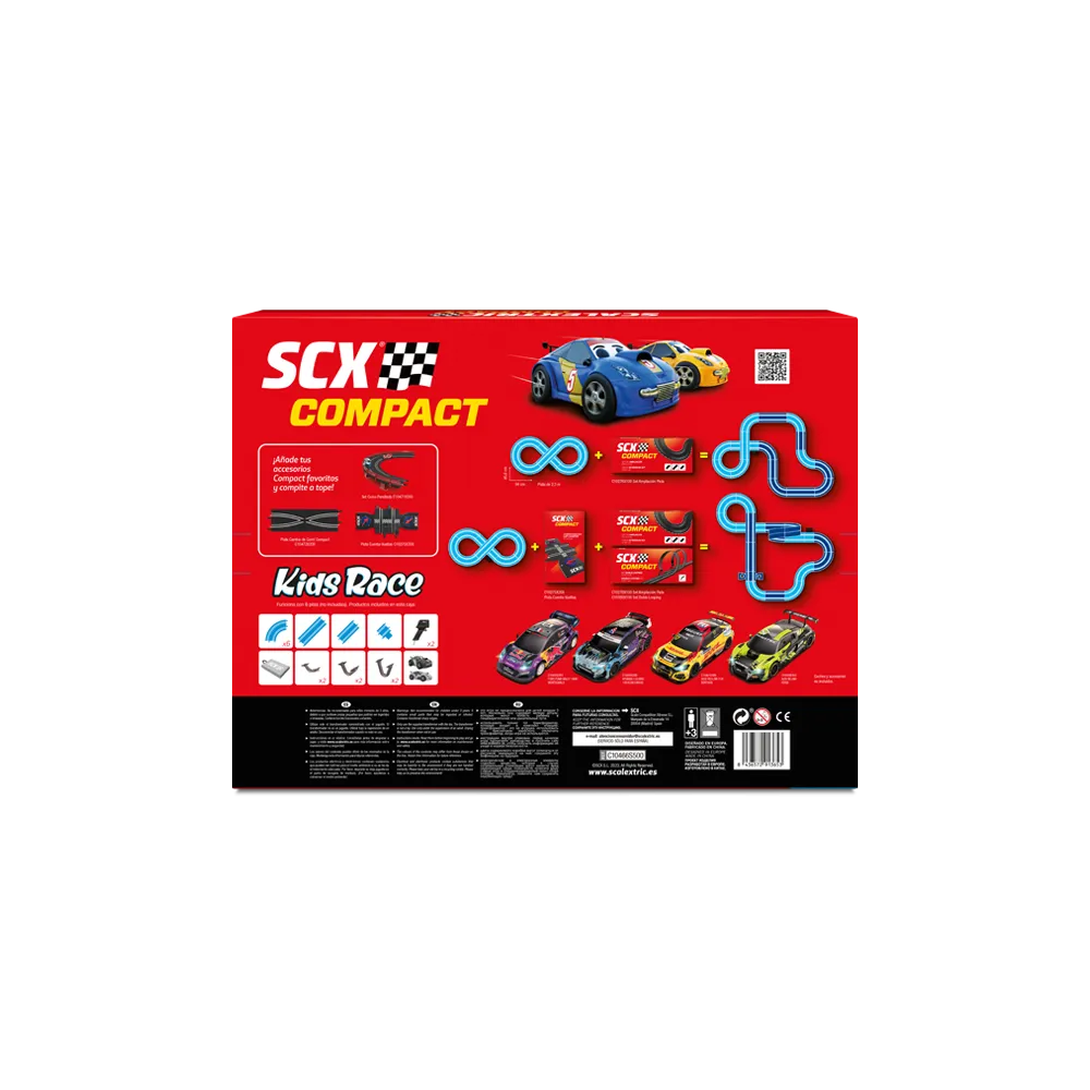 Pista de carreras SCX Compact con coches y accesorios. Incluye coches azules y amarillos.