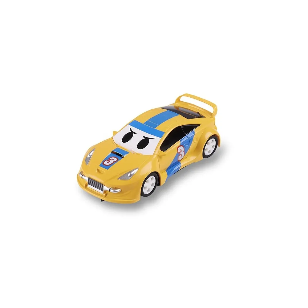 Un coche de juguete amarillo con rayas azules y el número 3.