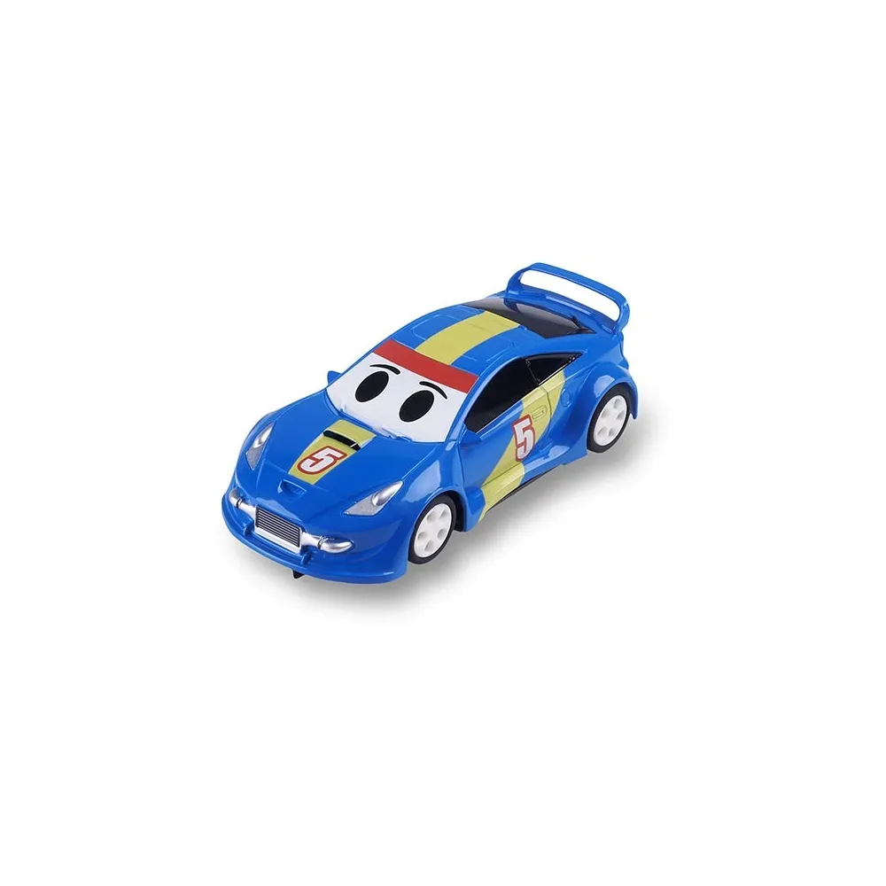 Un coche de juguete de carreras azul con rayas amarillas y el número 5.
