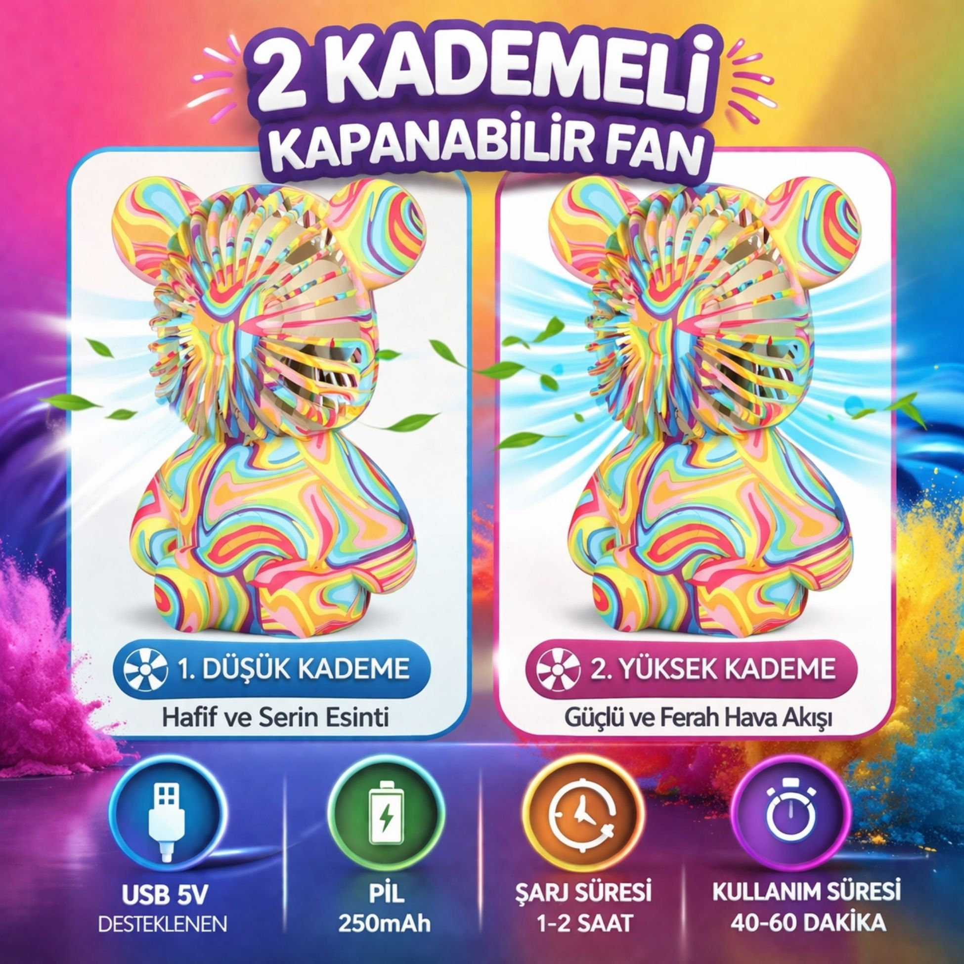 Renkli tasarımlı, iki kademeli, katlanabilir fan, USB ile çalışır.