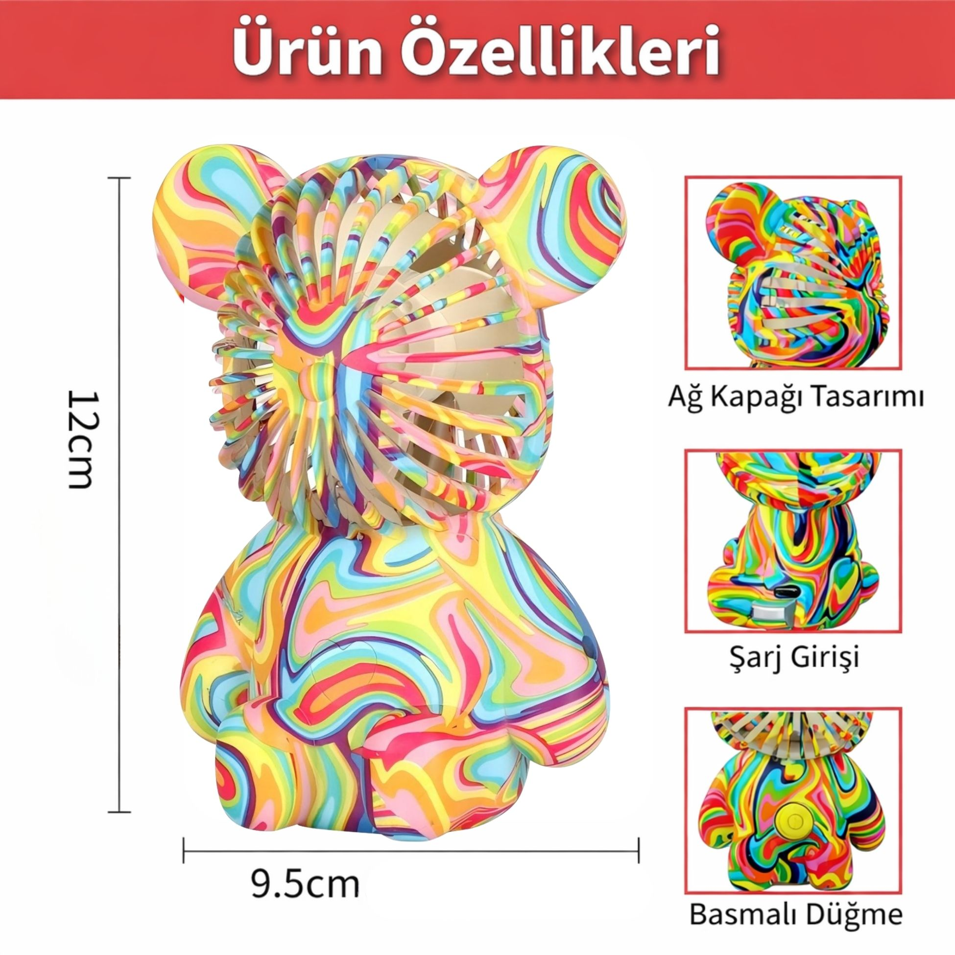 Renkli ayıcık şeklinde vantilatör, 12cm yüksek, 9.5cm geniş, şarj girişli.