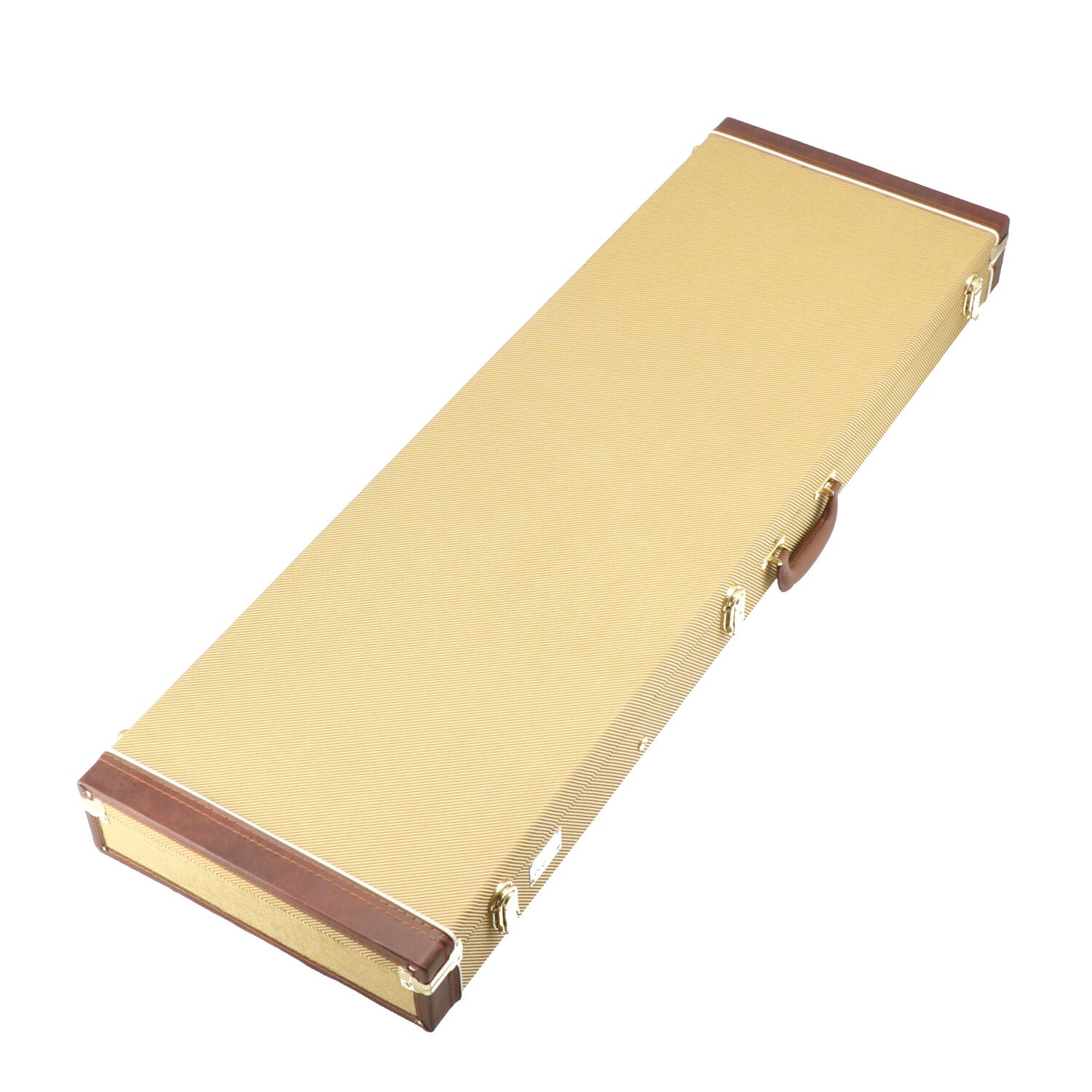 Een gouden gitaarkoffer met bruine leren accenten en zilveren hardware.