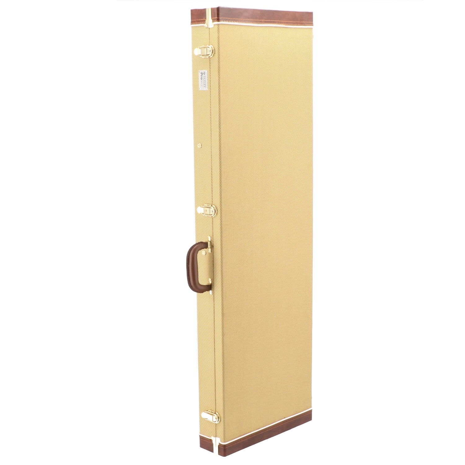 Een lange, smalle, beige koffer met bruine accenten en een handvat.